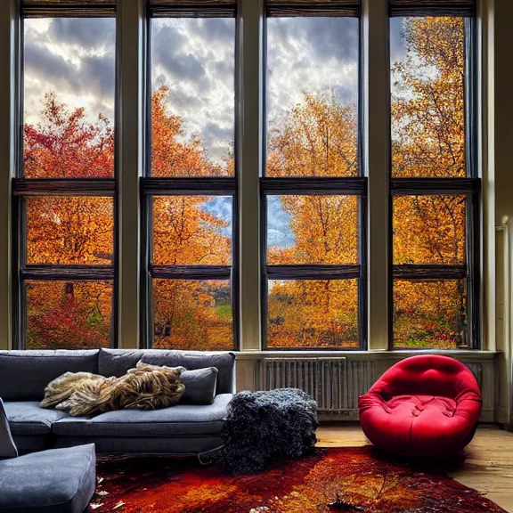 Image similar to fantastical living room with chicago landscape in the window by marc adamus, beautiful dramatic lighting, overgrown with funghi, autumn season, coat rack with coat hanging off, style by peter deligdisch, peterdraws