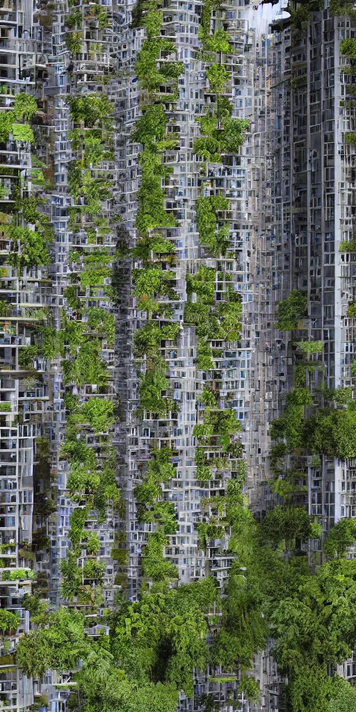 Prompt: elevational photo by Andreas Gursky of tall and slender rusty mixed-use solarpunk towers emerging out of the ground. The towers are covered with trees and ferns growing from floors and balconies. The towers are clustered very close together and stand straight and tall. The housing towers have 100 floors with deep balconies and hanging plants. Thin bridges span between towers. Cinematic composition, volumetric lighting, architectural photography, 8k, megascans, vray.