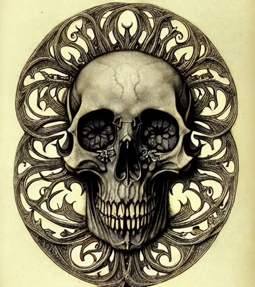 Image similar to memento mori by arthur rackham, art forms of nature by ernst haeckel, exquisitely detailed, art nouveau, gothic, ornately carved beautiful skull dominant, intricately carved antique bone, art nouveau botanicals, ornamental bone carvings, art forms of nature by ernst haeckel, horizontal symmetry, arthur rackham, ernst haeckel