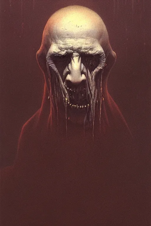 Image similar to potrait of a guy that has crooked teeth, a weird accent, and drinks hot water, by zdzislaw beksinski, by dariusz zawadzki, by wayne barlowe, gothic, surrealism, cosmic horror, lovecraftian, cold hue's, warm tone gradient background, concept art, beautiful composition