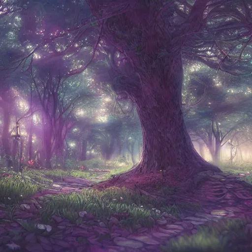 Image similar to the aesthetic view of the beautiful, grand, wistful, dreamy hidden forest at dusk, hyperrealistic anime illustration by iralki nadar, colorful, extremely detailed, intricate linework, super sharp focus, bright colors, octopath traveler, studio ghibli, unreal engine 5 highly rendered, global illumination, radiant light, detailed and intricate environment