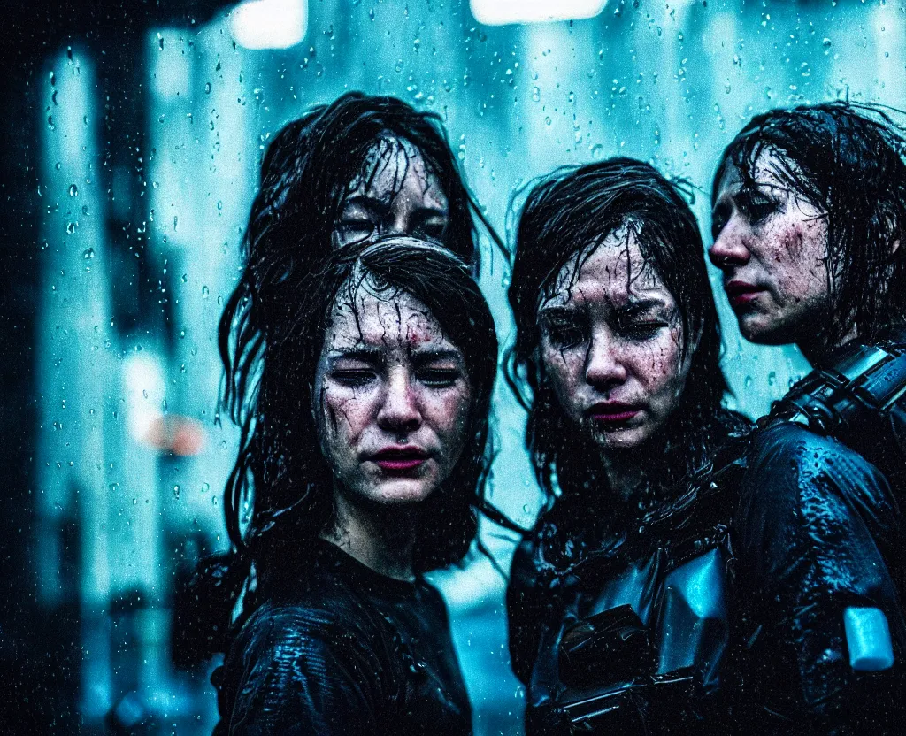 Image similar to cinestill 5 0 d candid photographic portrait by steven spielberg of two loving female androids sobbing wearing rugged black mesh techwear in treacherous waters, flooded city, medium closeup, retrofuturism cyberpunk moody emotional cinematic, pouring iridescent rain bright spotlight helicopter, 8 k, hd, high resolution, 3 5 mm, f / 3 2, ultra realistic faces, ex machina