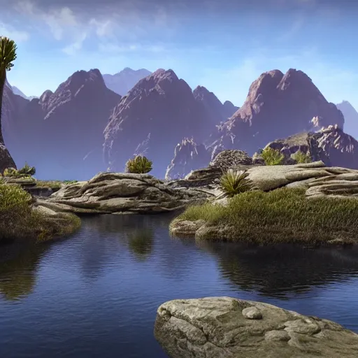 Prompt: an alien landscape with mountains in the background, and water, hyperrealistic, unreal 5