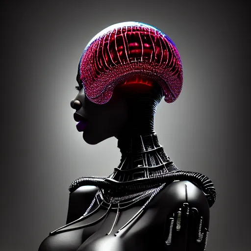 Image similar to portrait of an absurdly beautiful, graceful, sophisticated, fashionable black cyberpunk mechanoid gravure idol, hyperdetailed illustration by irakli nadar, adut akech, matt wisniewski style, intricate linework, dark black porcelain skin, jellyfish headdress, unreal engine 5 highly rendered, global illumination, red light, detailed and intricate environment