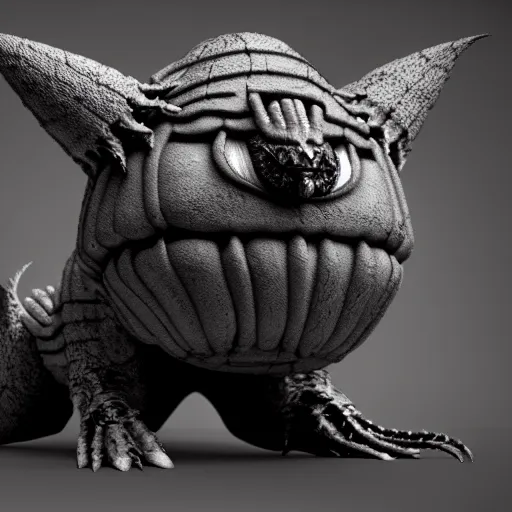 Image similar to cute chthonic fluffy monster by Giger, vray render, 50mm lens, bottom angle