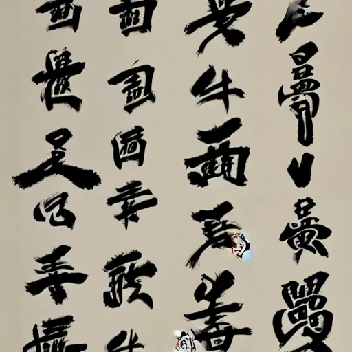 Prompt: A set of new traditional Chinese characters painted in calligraphic style with a brush and black ink.