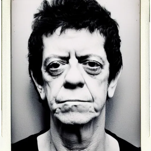 Image similar to Mugshot Portrait of Lou Reed, taken in the 1970s, photo taken on a 1970s polaroid camera, grainy, real life, hyperrealistic, ultra realistic, realistic, highly detailed, epic, HD quality, 8k resolution, body and headshot, film still, front facing, front view, headshot and bodyshot, detailed face, very detailed face