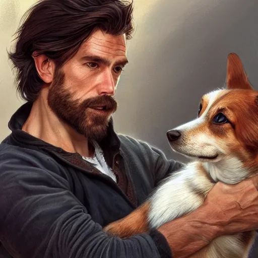 Image similar to portrait of a young, ruggedly handsome man holding a corgi dog, soft hair, muscular, half body, cloth, hairy, d & d, fantasy, intricate, elegant, highly detailed, digital painting, artstation, concept art, smooth, sharp focus, illustration, art by artgerm and greg rutkowski and alphonse mucha