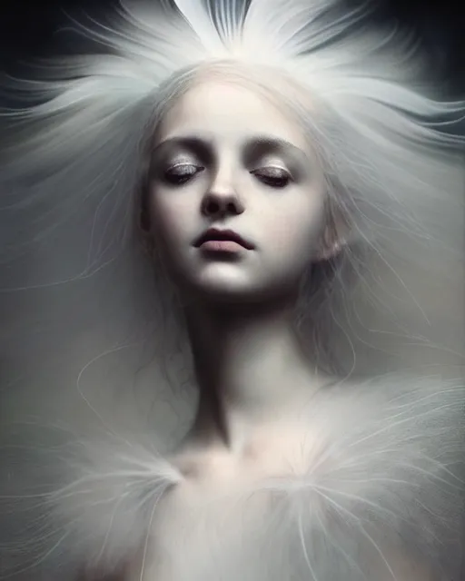 Image similar to delicate, dreamy, feminine, subsurface scattering, white, young beautiful goddess in cosmos long white hair floating in air, white feather dress, fluid smoke art, black and white, octane render, dino valls, mark ryden, joe fenton, michal karcz, highly detailed, rim light, art, cinematic lighting, very coherent, hyper realism, 8 k