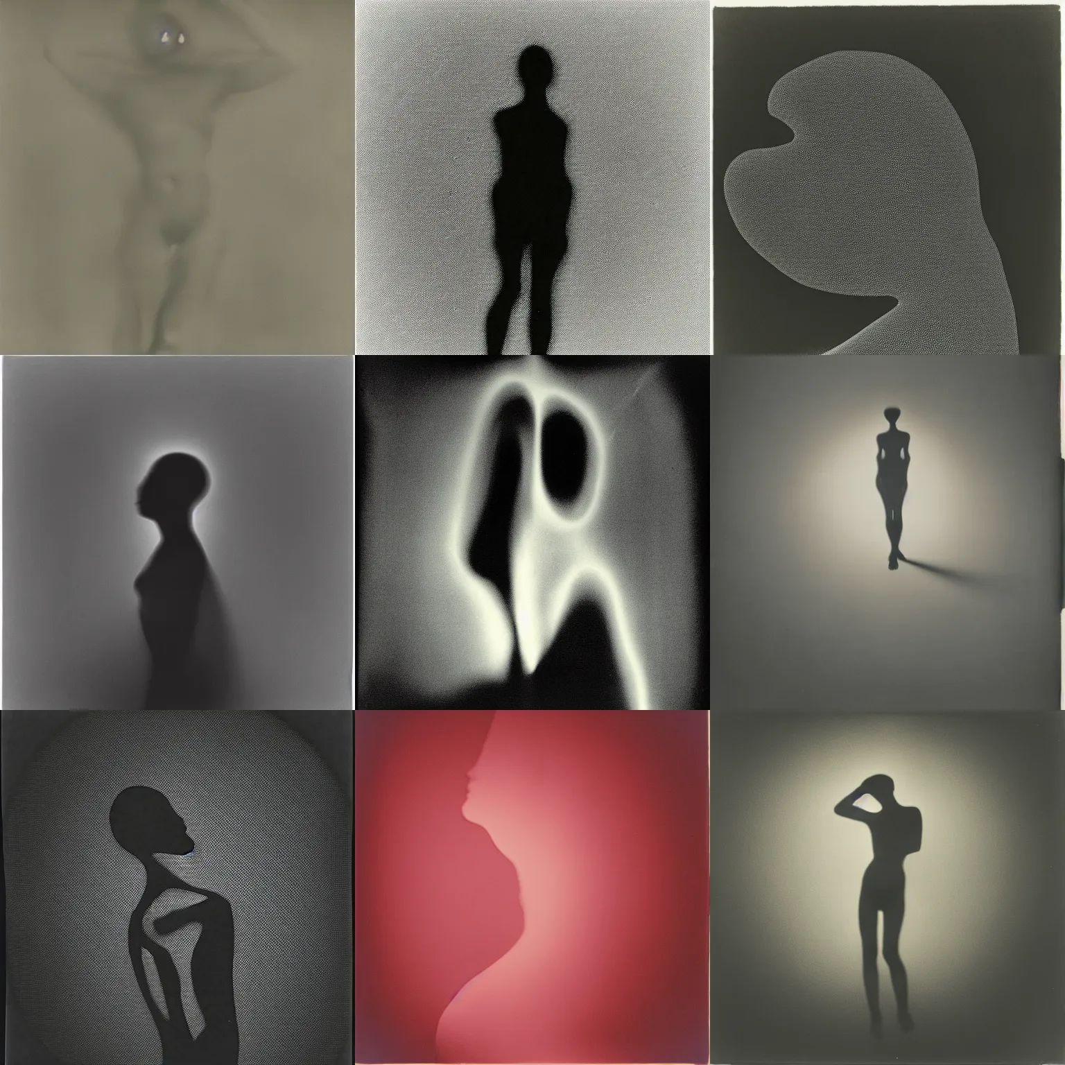 Prompt: a photogram depicting a silhouette of a human body. depth, soft, blurry. photographic paper exposed to light, by emmanuel radnitzky man ray