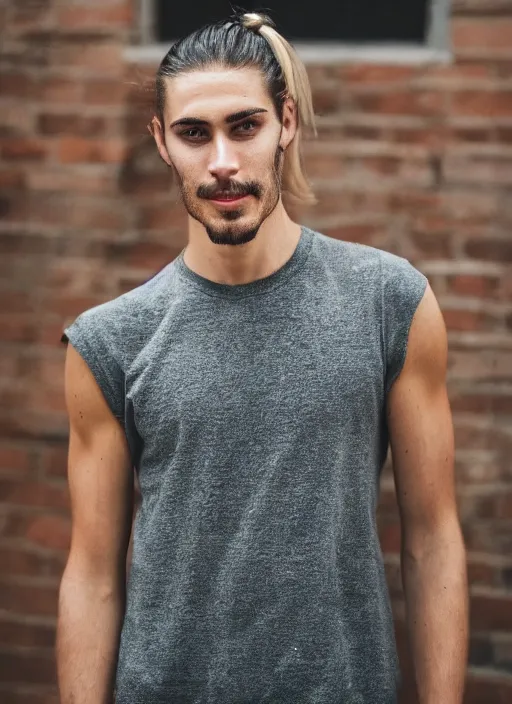 Image similar to a skinny young white male with a dark brown man bun for hair