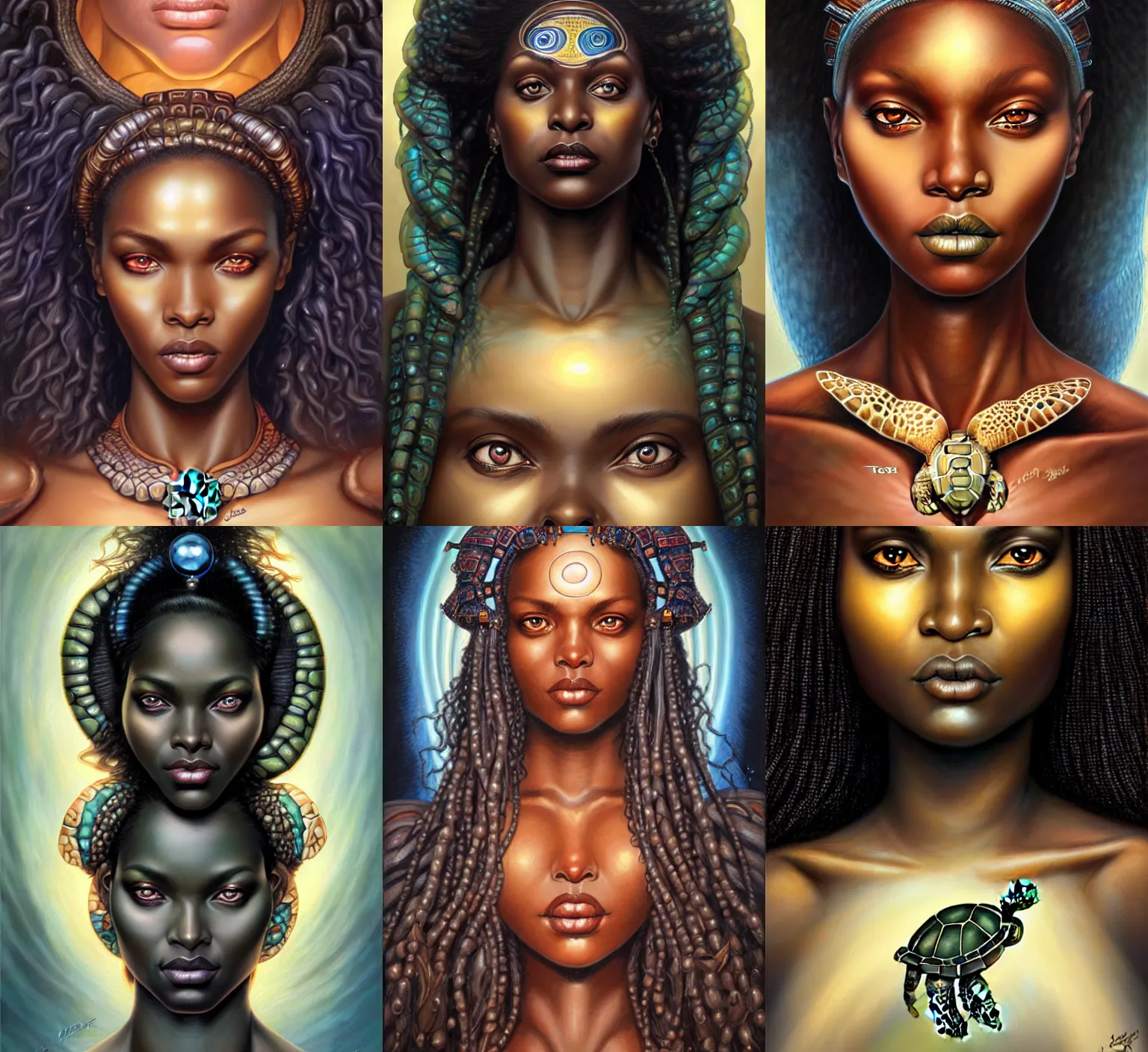 Prompt: stunning goddess of turtle portrait, clear eyes and dark skin. realistic, symmetrical face. art by bowater charlie, mark brooks, julie bell, arian mark, tony sandoval
