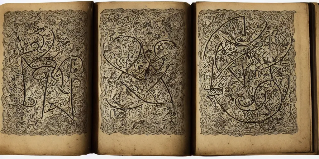 Prompt: a very detailed book of spells with ornate cryptic symbols drawn on the pages