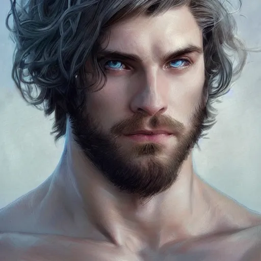 Prompt: david the destroyer, handsome, white hair, soft hair, upper body, muscular, hairy torso, fantasy, intricate, elegant, highly detailed, digital painting, artstation, concept art, smooth, sharp focus, illustration, art by artgerm and greg rutkowski and alphonse mucha