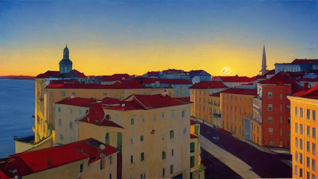 Prompt: street art. paralyzed by the indescribable beauty of the cosmos. amazing view of the sunrise from lisbon. art style by edward hopper daring, incredible