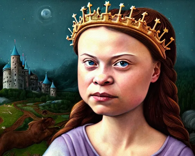 Prompt: closeup profile medieval bosch portrait of greta thunberg as a fairytale princess wearing a crown eating cakes in the castle kitchen, nicoletta ceccoli, mark ryden, lostfish, max fleischer, hyper realistic, artstation, illustration, digital paint, matte paint, vivid colors, bright, cheerful, detailed and intricate environment