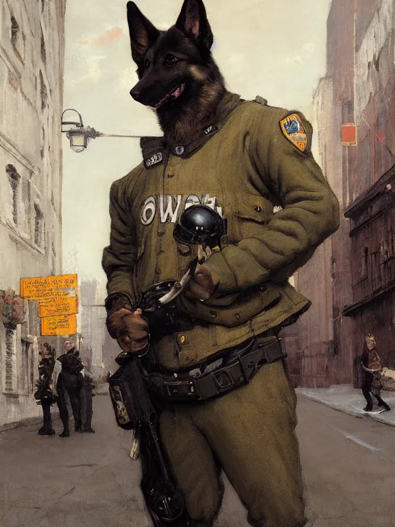 Image similar to new york city portrait of furry anthro anthropomorphic german shepard head animal person fursona wearing clothes nypd traditional police uniform in the alley, sunny day, digital art by Nerdrum John, William Waterhouse, Winslow Homer, Alex Heywood, Jordan Grimmer, Darren Quach, Greg Rutkowski, Simon Stalenhag, trending on Artstation, CGSociety