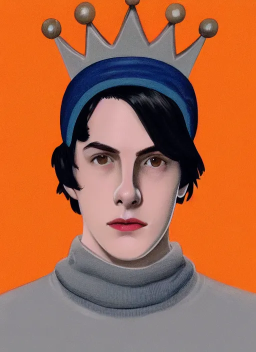 Image similar to portrait of teenage jughead jones wearing a light grey crown, crown, blue turtleneck, 1 9 5 0 s, closed eyes, photorealistic, black hair, glowing lighting, intricate, elegant, glowing lights, highly detailed, digital painting, artstation, concept art, smooth, sharp focus, illustration, art by wlop, mars ravelo and greg rutkowski