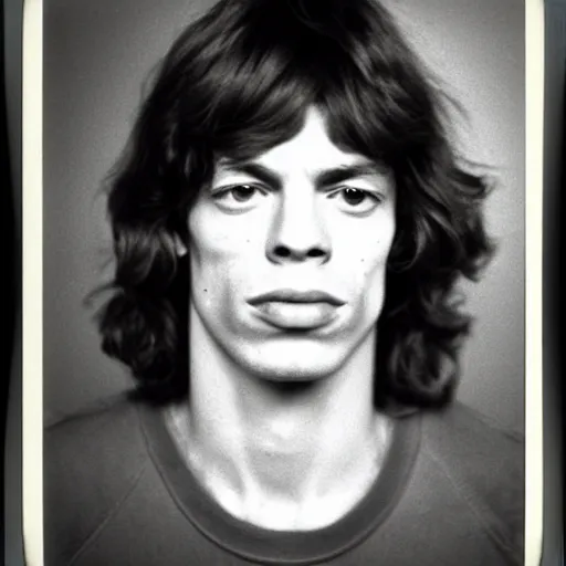 Image similar to Mugshot Portrait of Young Mick Jagger, taken in the 1970s, photo taken on a 1970s polaroid camera, grainy, real life, hyperrealistic, ultra realistic, realistic, highly detailed, epic, HD quality, 8k resolution, body and headshot, film still, front facing, front view, headshot and bodyshot, detailed face, very detailed face