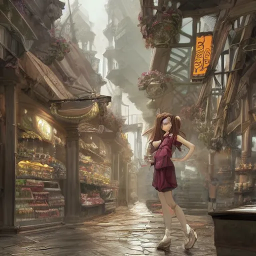 Image similar to concept art of aerith gainsborough in wall market of don corneo, highly detailed, trending on artstation