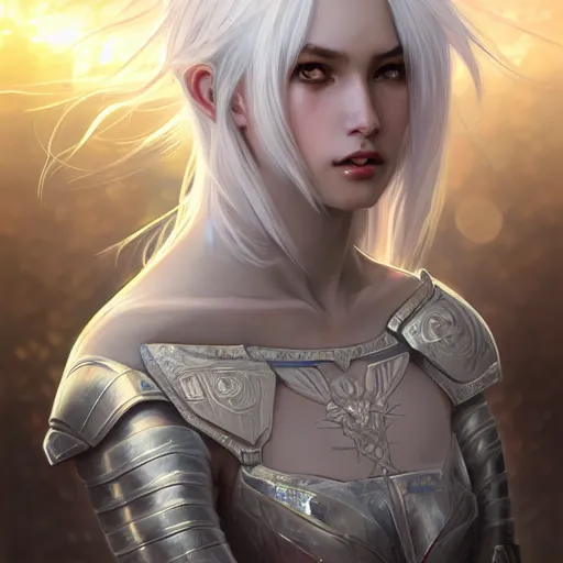 Image similar to portrait white hair knights of Zodiac girl, Sliver ice color reflected armor, in ruined Agora of Athens Sunrise, ssci-fi and fantasy, intricate and very very beautiful and elegant, highly detailed, digital painting, artstation, concept art, smooth and sharp focus, illustration, art by tian zi and WLOP and alphonse mucha