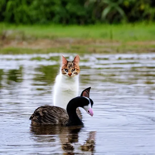 Prompt: a picture of a combination of two different creatures, a cat head on a goose body, crossed creatures, wide shot photo