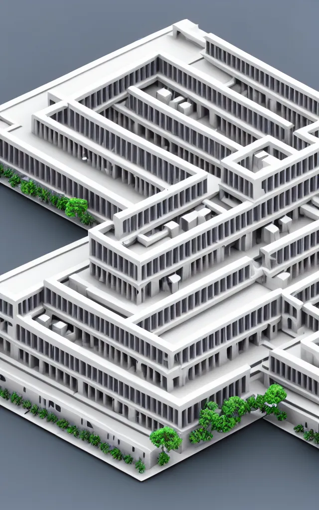 Prompt: architectural model, isometric view, 3 d render, studio lighting, low contrast, brightly lit studio, highly detailed, a long thick building with diagonally zig - zag plan and large windows, tree