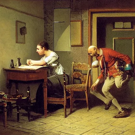 Prompt: young man and woman solving an escape room puzzle by carl spitzweg