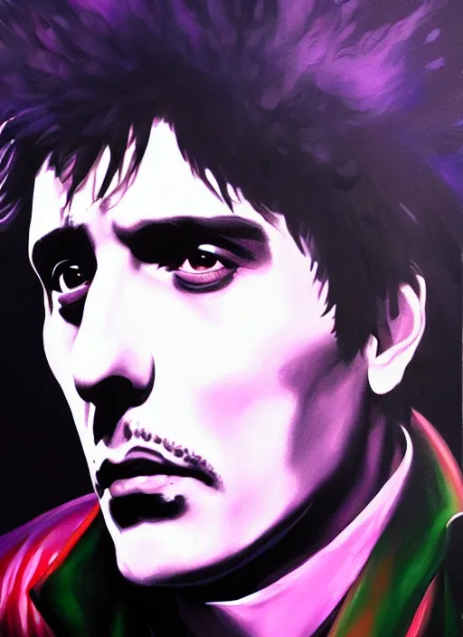 Prompt: photorealistic glamour necro science acrylic painting of tony montana in a style of cyberpunk delivery club, in salvia divinorum, made in abyss