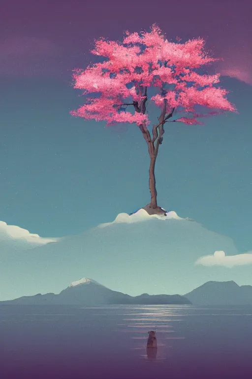 Prompt: a single alone sakura tree growing upon an island in a lake, viewed from a distance, mountains, cherry blossoms, illustration, light beams, simple, minimalist, digital art, oil painting, fantasy, 8 k, trending on artstation, detailed