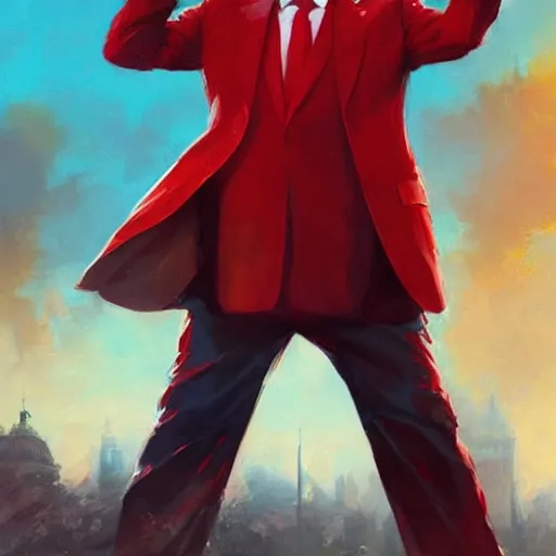 Image similar to donald trump as a communist, doing a military salute, red suit, art by artgerm, greg rutkowski, drew struzan, studio portrait, highly detailed, digital art, elegant, intricate, concept art, trending on artstation