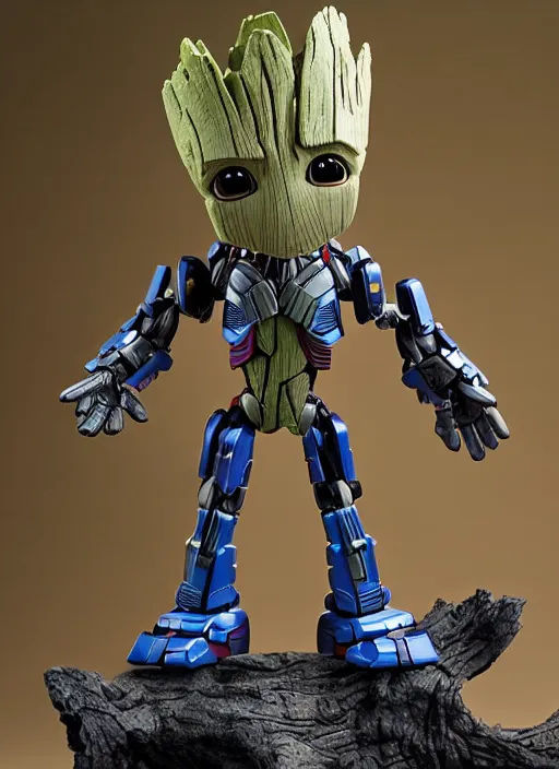 Image similar to transformers decepticon baby groot action figure from transformers : kingdom, pvc figurine, symmetrical details, gunpla, android, robot, by hasbro, takaratomy, tfwiki. net photography, product photography, official media