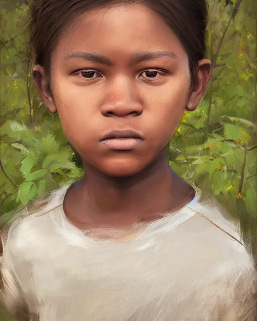 Image similar to Portrait of Migrant and Colonizer child, Migrant Colonizer morph child morph, digital painting, realistic shaded, realistic shaded lighting, fan art, pixiv, by Ilya Kuvshinov, child hybrid, realistic face and body hybrid, by magali villeneuve, Artstation, by Jeremy Lipkin and by Michael Garmash and by Rob Rey. Face retouch