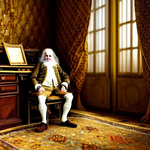 Prompt: An extremely detailed render of a 200 years old man with very old clothes, sitting at his Louis XIV desk, with very old curtains in the room, very old room. The very very very old man has a 1880 phone on his desk. Dust in the air, god rays, raytracing shadows, ambient occlusion, 8K, RTX 3090, trending on artstation, lumens