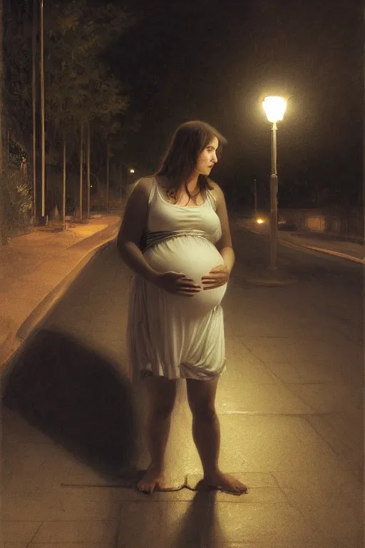 Image similar to pregnant woman under street light, casual wear, by Alyssa Monks, Bouguereau