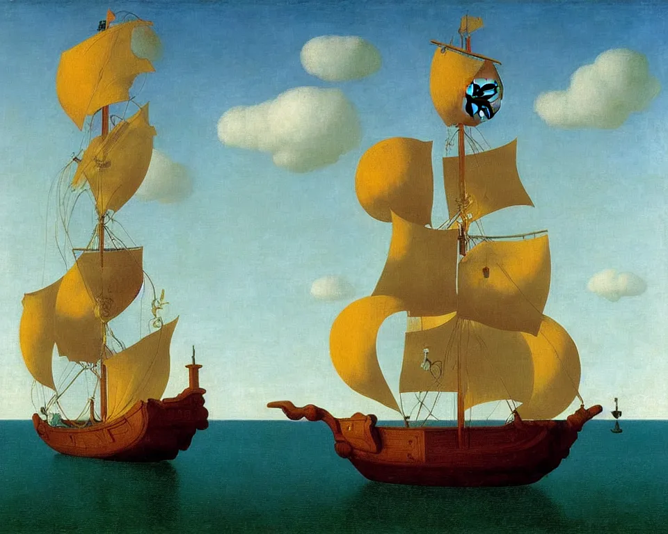 Prompt: a pirate ship in a bottle by raphael, hopper, and rene magritte. detailed, romantic, enchanting