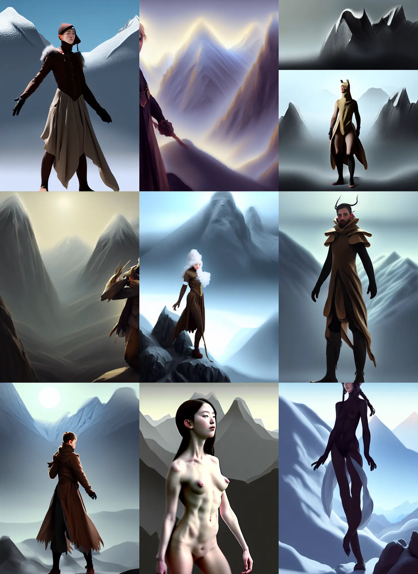 Prompt: human costume design made by snowflakes, sophisticated composition, old masters light composition, procedurally generated, drama character posing for concept art, dramatic mountains behind, substance designer, PBR, HD, Ultra detailed, hyperrealistic, megascans, volumetric light, concept by master artist, made in paint tool SAI2, trending pixiv aesthetic face