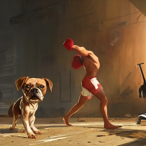 Image similar to highly detailed little boxers in action, in gta v, stephen bliss, unreal engine, fantasy art by greg rutkowski, loish, rhads, ferdinand knab, makoto shinkai and lois van baarle, ilya kuvshinov, rossdraws, tom bagshaw, global illumination, radiant light, detailed and intricate environment