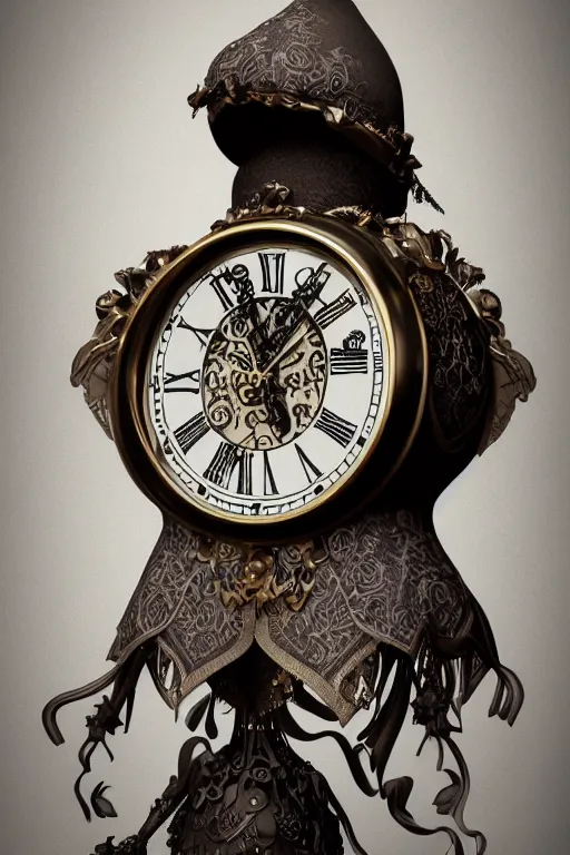 Prompt: a anthropomorphic clock, face of clock, silk hat, full body, concept art, gothic, intricate, ornate, ultra realistic, octane render