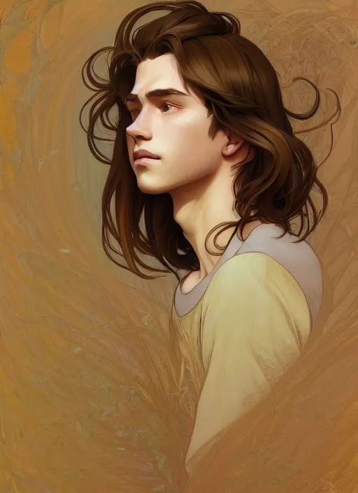 Image similar to pretty young man with shoulder length shiny shimmering golden blond hair, head down, demure, shy, path traced, highly detailed, high quality, digital painting, by studio ghibli and alphonse mucha, leesha hannigan, disney