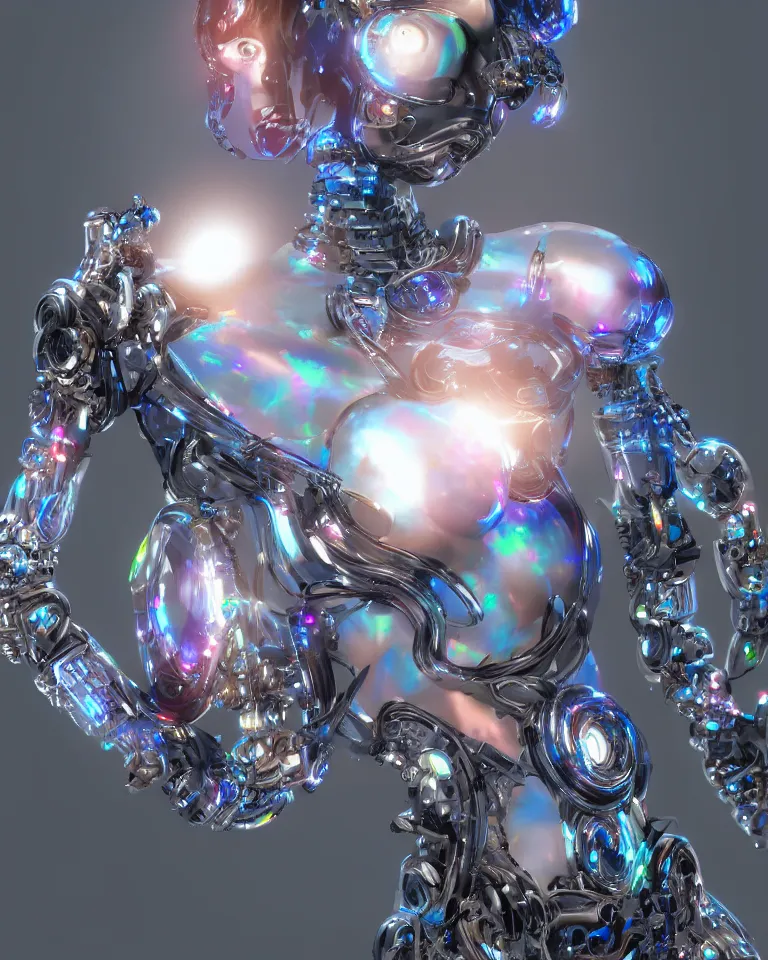 Prompt: Opal cyborg fashion robot, cyber copper spiral decorations, translucent elegant modern design, headshot half figure, photorealistic, 8k, hyper detailed, unreal engine, trending on artstation