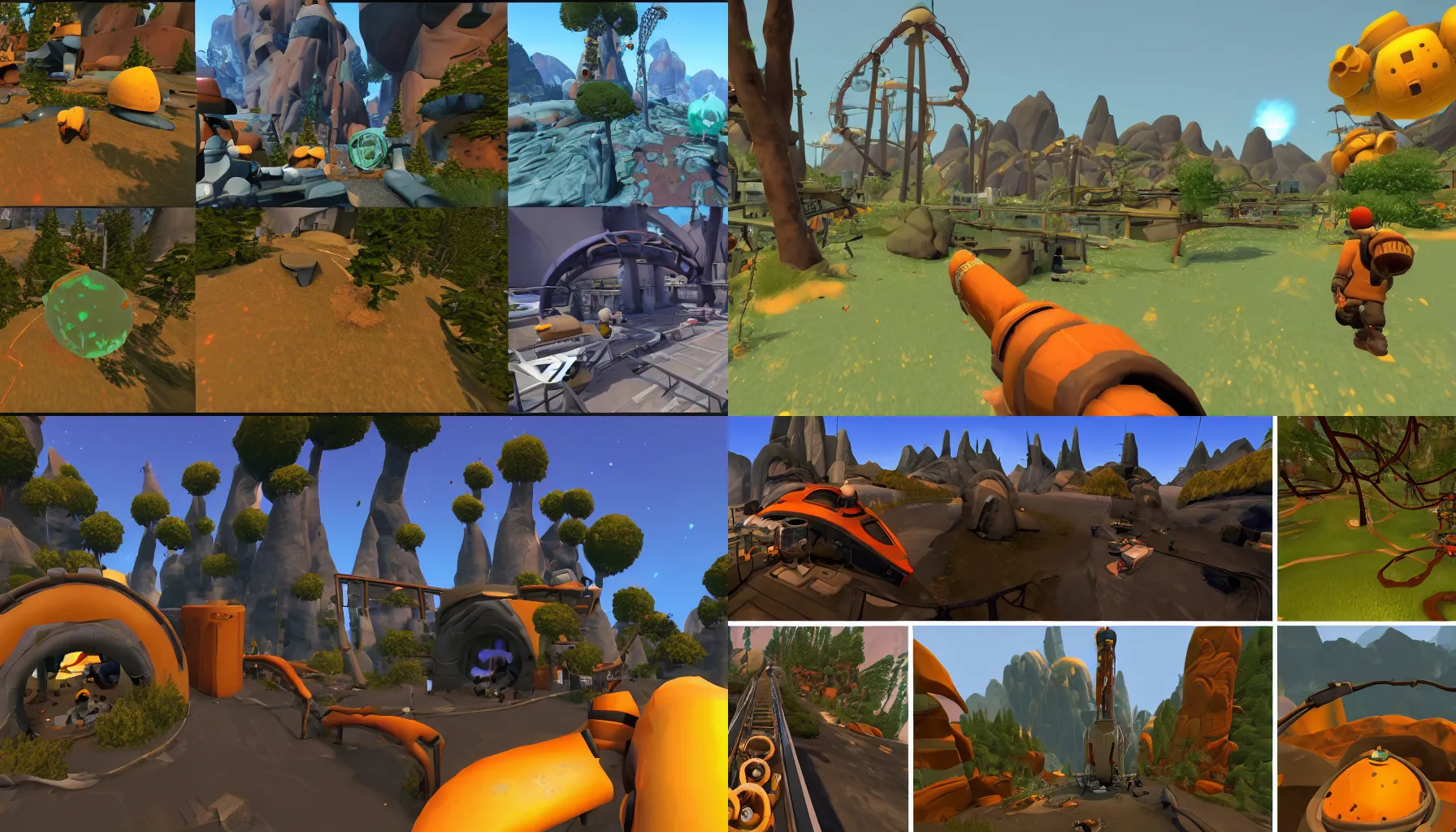 Prompt: A screenshot from Outer Wilds, A screenshot from Team Fortress 2, A screenshot from Half-Life 2, A screenshot from Portal 2, A screenshot from Katamari Damacy, A screenshot from RollerCoaster Tycoon, A screenshot from Burnout 3, A screenshot from Wip3out, 4K HD