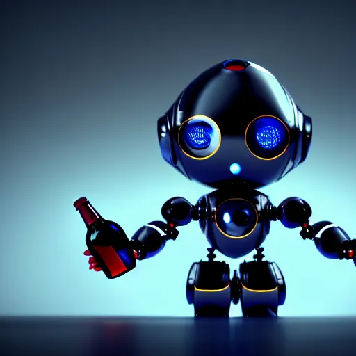 Prompt: a cute little robot at a big bottle. super realistic 8 k render of a dark hooded powerful elegant, cinematic composition