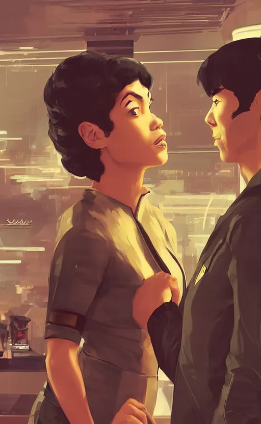 Image similar to Celia Rose Gooding as Uhura and Ethan Peck as Spock caught about to kiss, surprise, cute, innocent, soft lighting, standing in a starbase bar, In style of Yoji Shinkawa, wojtek fus, by Makoto Shinkai, concept art, highly detailed