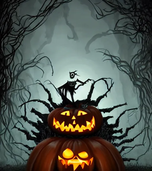 Image similar to a tim burton design of a fat creepy pumpkin king, with a pumpkin head, limbs made from vines, sitting on a stone throne, detailed game art illustration, menacing carved facial expression, creepy lighting, dynamic pose, 4 k artstation, masterpiece