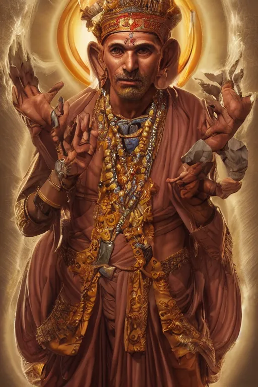Image similar to long shot, photographic studio portrait of batara guru,god of revelations; by artgerm and Craig Mullins, James Jean, Andrey Ryabovichev, Mark Simonetti and Peter Morbacher 16k