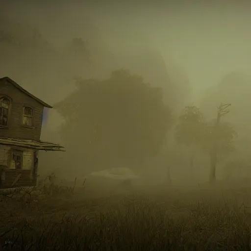 Image similar to Village, horror, fog, foster, highly detailed, game, one house, fear, hyper realistic, atmospheric lighting