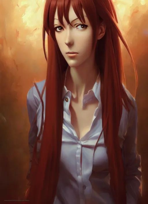 Prompt: Classical oil painting of Makise Kurisu by Marc Simonetti, beautiful anime portrait, official artwork, brush strokes, oil, canvas
