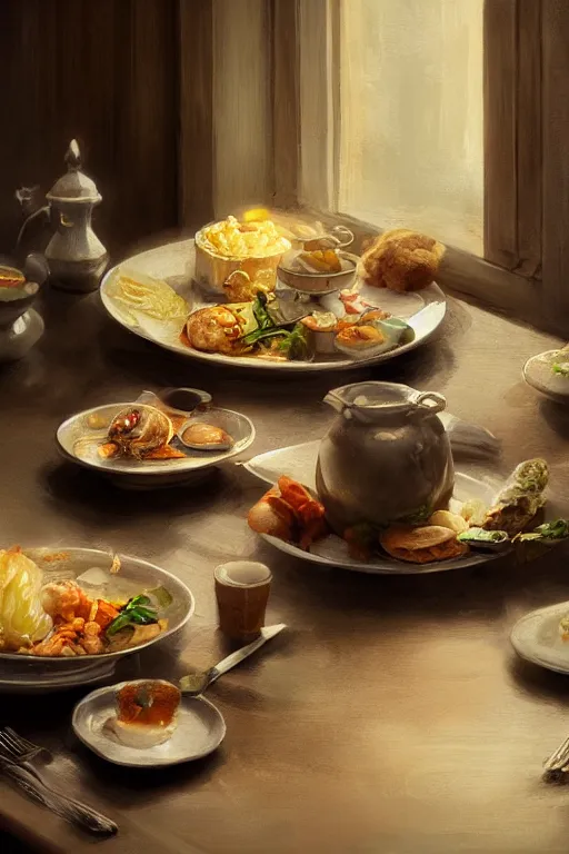 Prompt: food laying on a plate in a restaurant, intricate, elegant, volumetric lighting, still life, scenery, digital painting, highly detailed, artstation, sharp focus, illustration, concept art,ruan jia, steve mccurry