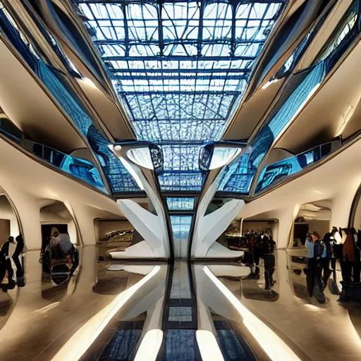 Image similar to extremely detailed ornate stunning beautiful elegant futuristic museum lobby interior by Zaha Hadid